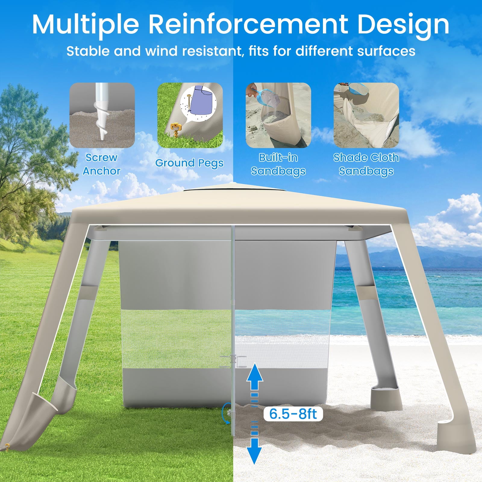 MoKo 8'x 8' Beach Cabana Tent, UPF 50+ Portable Beach Canopy Shelter with 4 Sand Pockets, Khaki