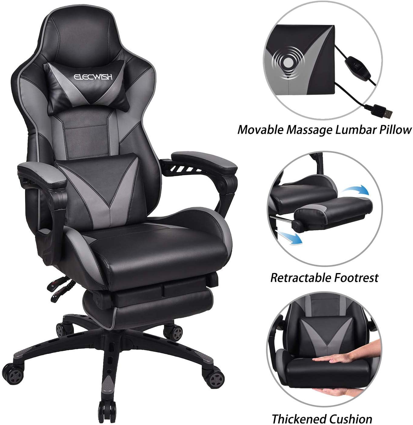 Elecwish Massage Computer Gaming Chair Reclining Ergonomic Racing Office Chair With Footrest High Back Pu Leather Gaming Desk Chair Large Size E Sport Chair With Headrest And Lumbar Support Walmart Com Walmart Com
