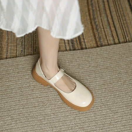 

Women‘s Flower Buckle Strap Mary Jane Solid Color Round Toe Block Heel Non Slip Shoes Versatile Patent Leather Shoes
