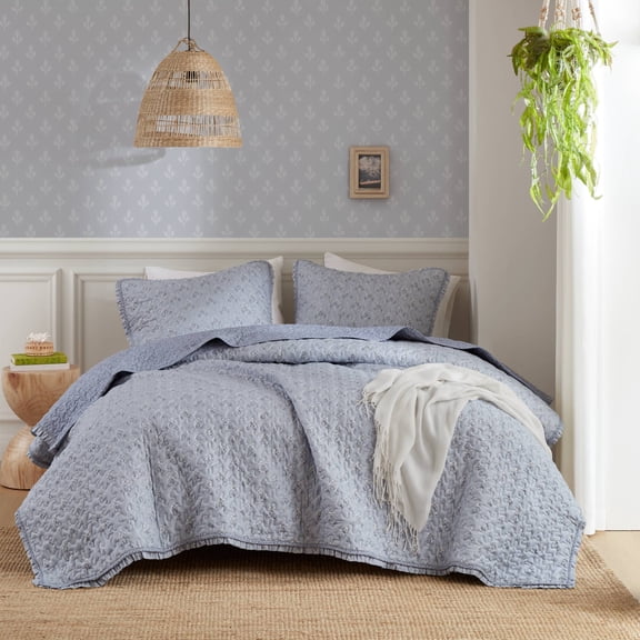3-Piece Queen 3 Piece Ruffle Printed Quilt Set,Blue