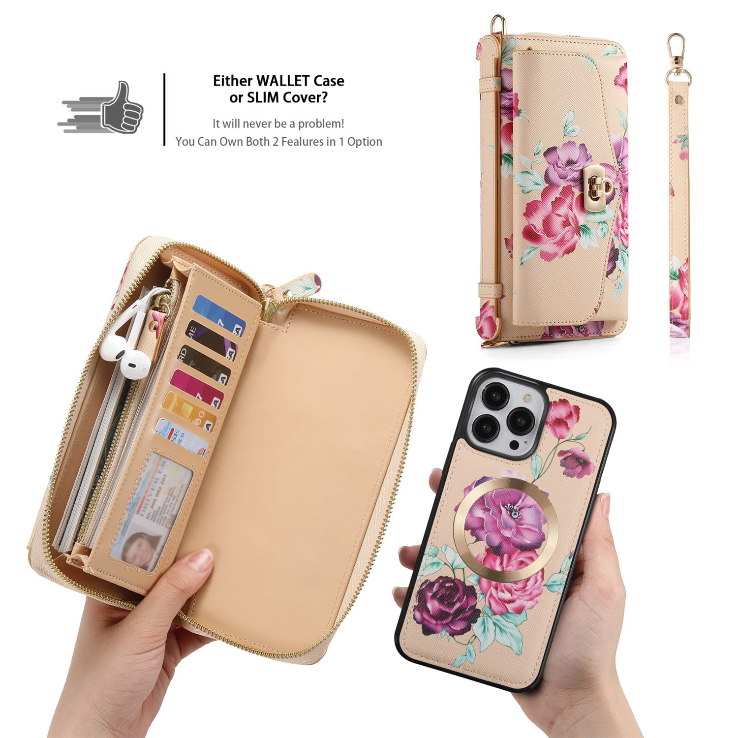 SaniMore Magnetic Detachable Wallet Case for iPhone 13 Pro Max, Flower Pattern RFID Blocking Cover Support Wireless Charging Card Slot Shoulder & Wrist Strap 360° Full Protective Shell, Yellow
