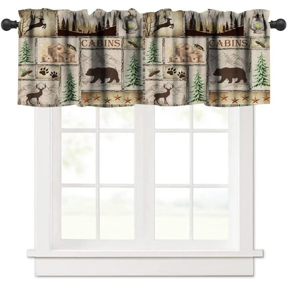 Rustic Cabin Valance Curtain, Lake Country Lodge Bear Deer Forest Farmhouse Camp Woodland Brown Blackout Short Window Curtain for Bedroom Living Room Kitchen,54x18in