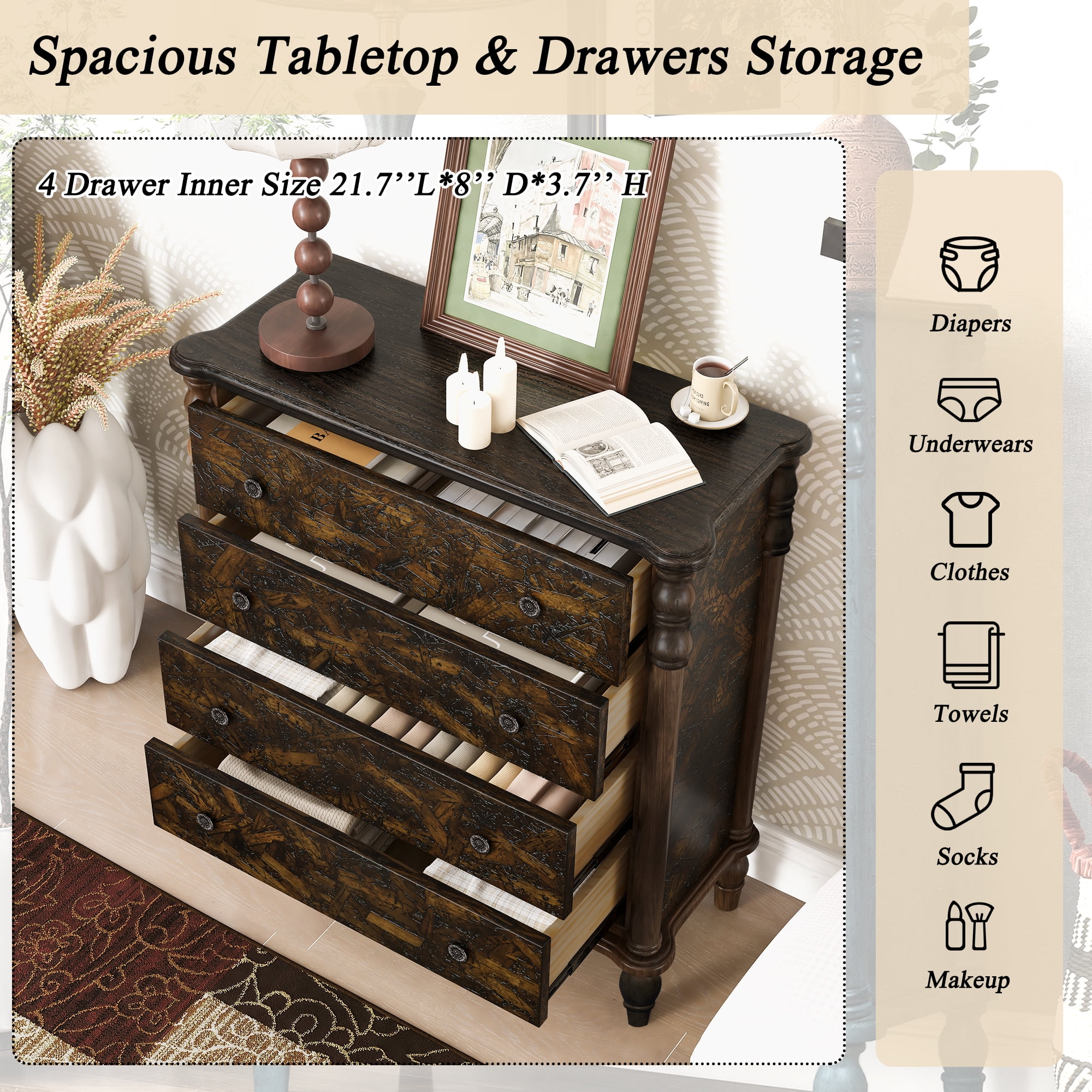 Aukfa 4 Drawer Dresser, 32" Chest of Drawers Bedroom Storage Cabinet for Small Spaces,Espresso