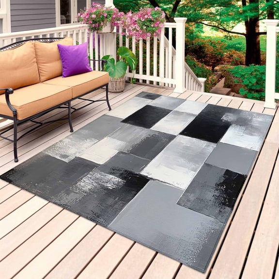 Black Grey Geometric Outdoor Rug for Patio/Deck/Porch, Non-Slip Large Area Rug 6 x 9 Ft, Modern Abstract Art Indoor Outdoor Rugs Washable Area Rugs, Reversible Camping Rug Carpet Runner