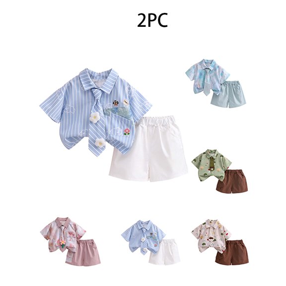 Afuyipoi Boys 2PC Summer Outfit Sets (0-6 Years), Cute Toddler Daily Outfit Soft Lightweight Summer Wear 100%Cotton Summer Short Sleeve Shirt & Shorts Set Blue 1T