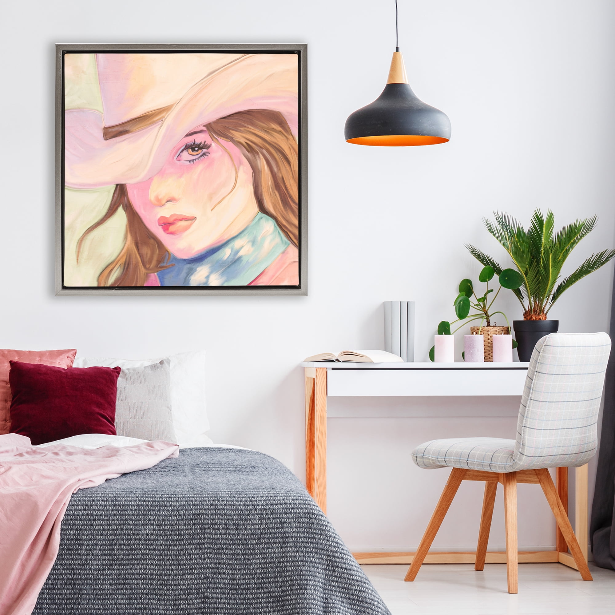 Pastel Cowgirl Brunette Gray Framed Floater Canvas Wall Art, design by Kim Allen