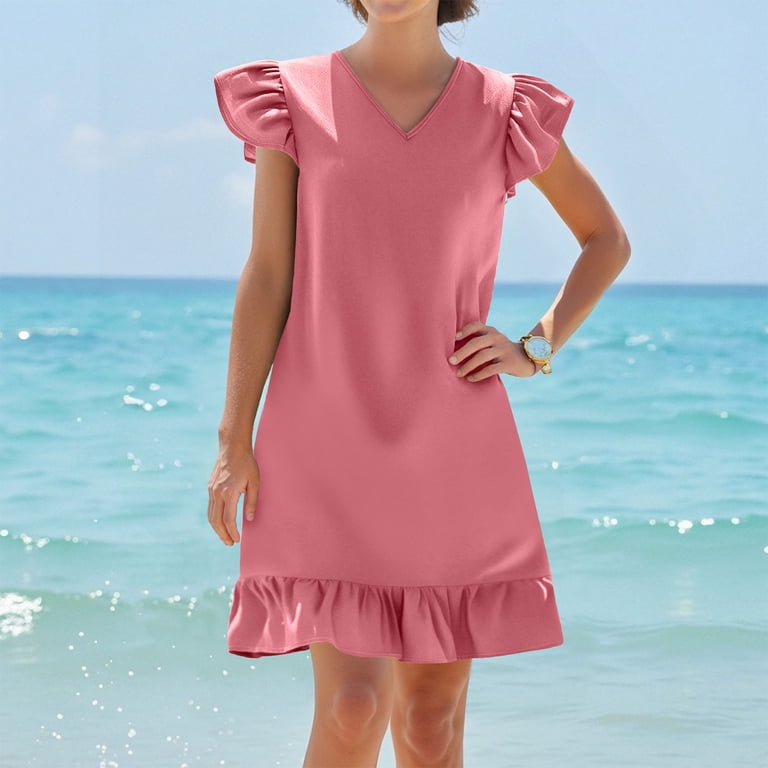 Ecqkame 2025 Womens Summer Dresses Solid Color V-Neck Ruffle Cap Vacation Dress  Short Sleeve Pleated Hem Side Pockets Midi Dress Pink M - Walmart.com