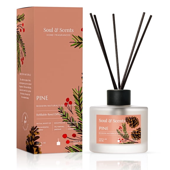 Soul & Scents Reed Diffuser Set-Pine, 4.1 oz Scented Oil with 6 Fiber Sticks, Long-Lasting Home Fragrance for Bedroom, Bathroom, Office
