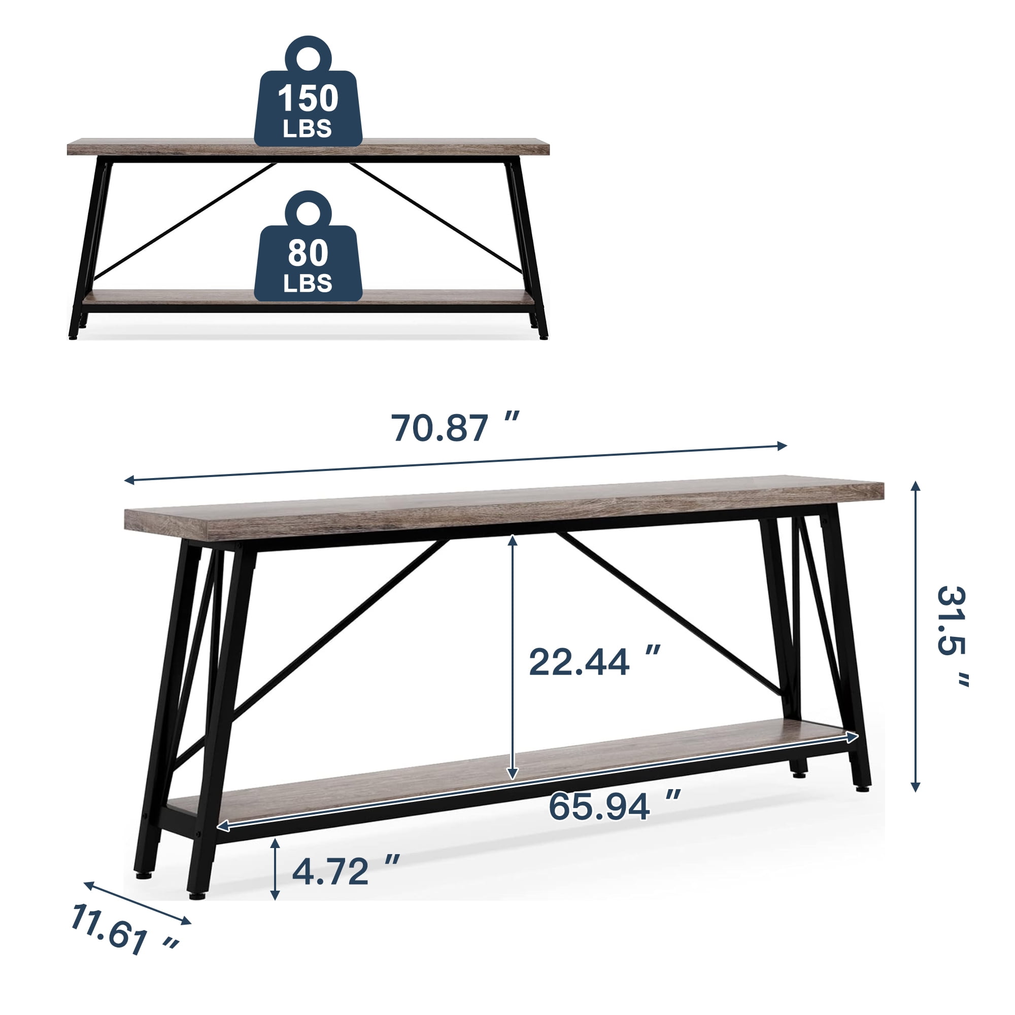 Demi Bonn 70.9" Console Table, Rustic Vintage Narrow Sofa Table for Entryway, Living Room, Hallway, Gray & Black