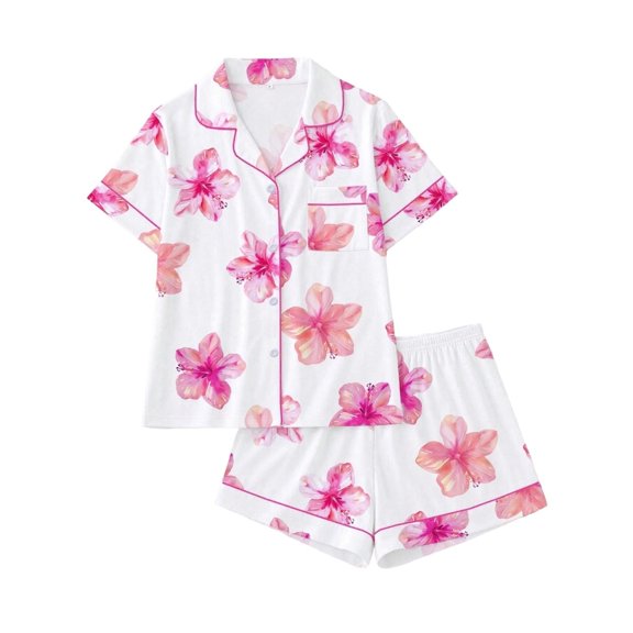 Ulitacool Girl Outfits Button Pajams Cartoon Pattern Short Sleeve T Shirts Shorts Handsome Toddler Wear 4-5 Years White
