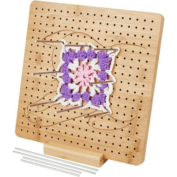 Cat Pattern Crochet Blocking Board 9.8x9.8inch Wooden Blocking Mat with Base and 24pcs 3.9" & 6pcs 5.9" Steel Rods for Handcrafted Knitting and Crocheting Sewing Gift diy
