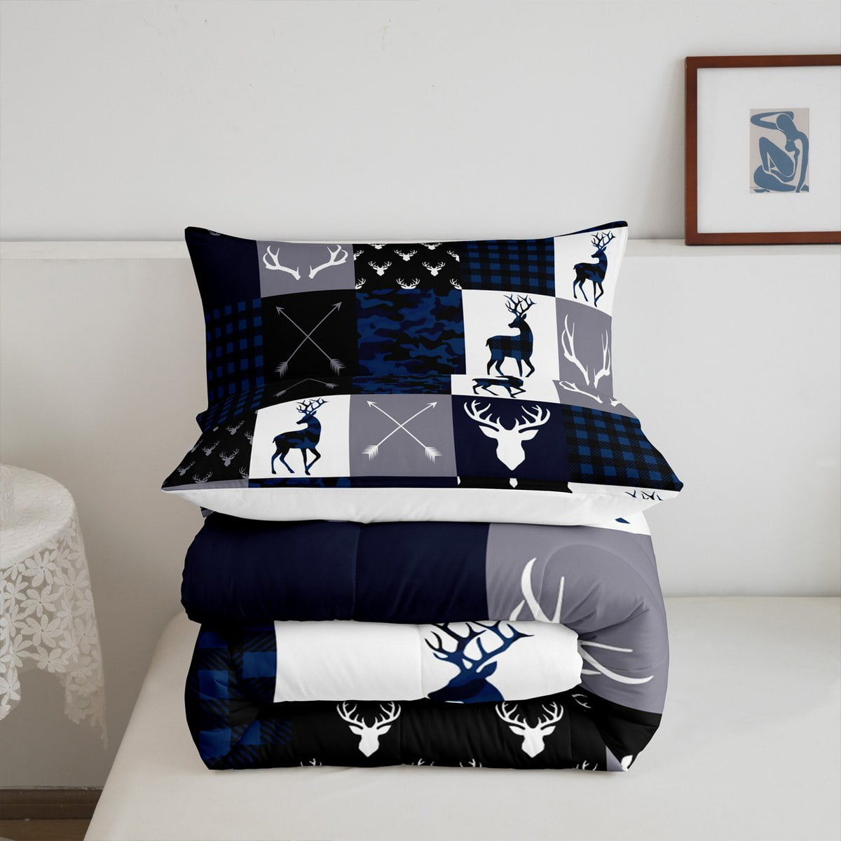 Camo Deer Antlers Comforter Set Toddler,Geometric Plaid Patchwork Bedding Set for Kids Teens Girls Boys Room Decor,Boho Arrow Xmas Quilt Set,Blue Grey Duvet Insert