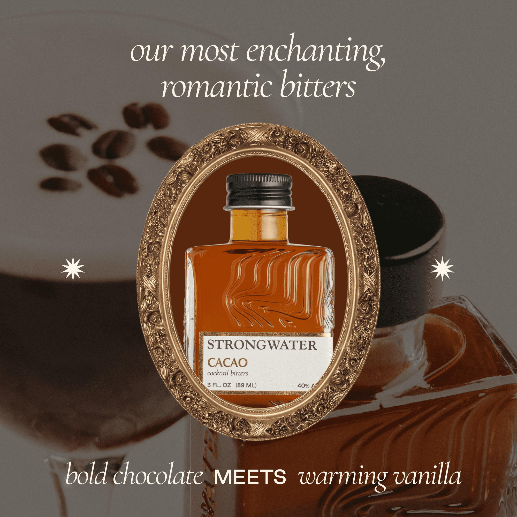 Strongwater Cacao Bitters (40 Servings) - Chocolate Bitters for Cocktails, Made with Roasted Cacao Nibs, Cherry Bark, Vanilla, & Almond - Pair with Bourbon, Vodka, Champagne, Coffee - 3oz, 1 Pack