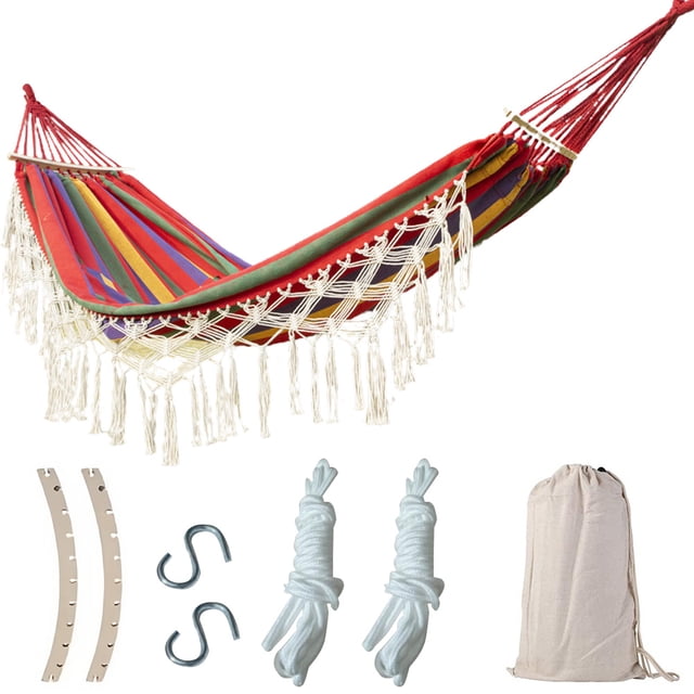 TFixol Portable Outdoor Double Hammock with Detachable Curved Bars, Fringe Design for Camping, Indoor Relaxation, and Backyard Use - Available in Red, White, or Black