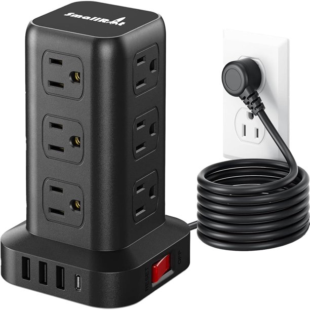 Extension Cord with Multiple Outlets, SMALLRT Surge Protector Power Strip Tower, Outlet Extender with 12 AC Outlets 4 USB, 6.5FT Extension Cord for Home Dorm Room, Office Supplies,Overload Protection
