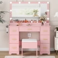 thumbnail image 2 of Makeup Vanity Desk with RGB LED Lights,Glass Top Vanity Desk with Mirror and Lights & Charging Station, 5 Drawers Vanity Mirror with Lights Desk and Chair for Women 3 Lightings Mode Adjusted, 2 of 8