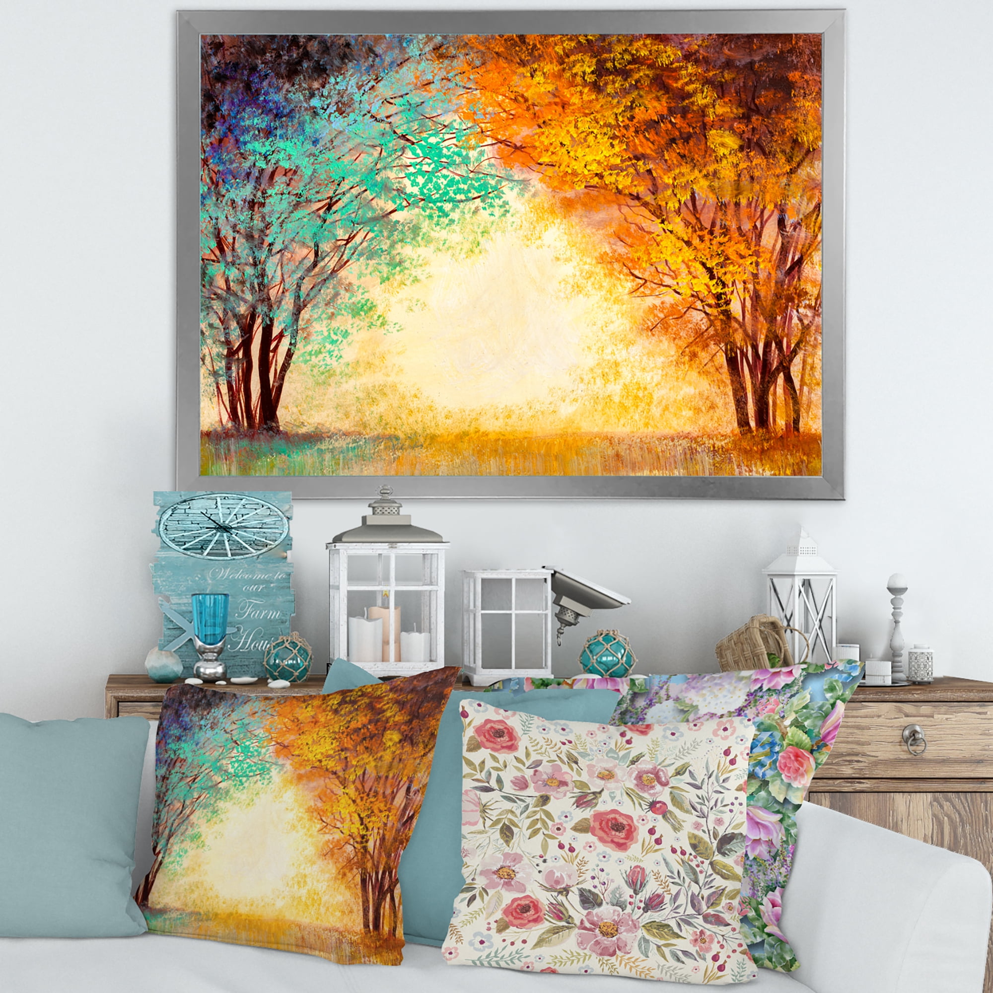 Designart 'Alley Through The Turquise Park In Autumn Sunset ' Traditional Framed Art Print