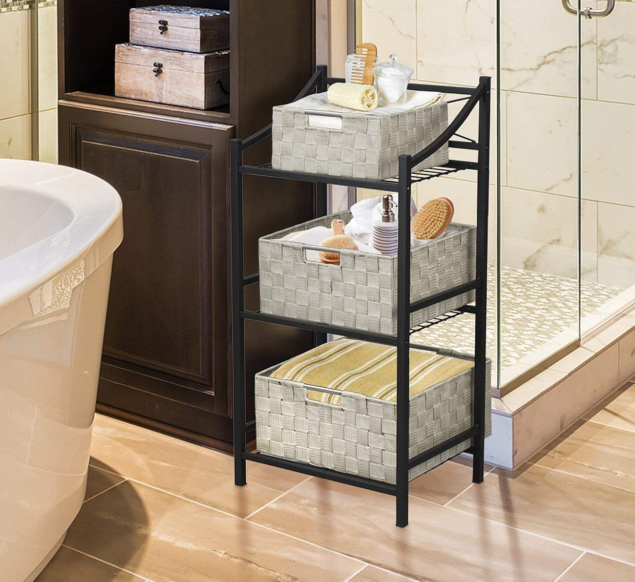 Sorbus Stackable Beige Woven Fabric Storage Basket, Built-in Carry Handles, Set of 7