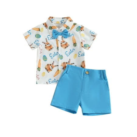 

Qtinghua Toddler Baby Boy Easter Gentleman Outfits Bunny Print Button Shirt with Bow Tie and Shorts Formal Suit Blue 1-2 Years