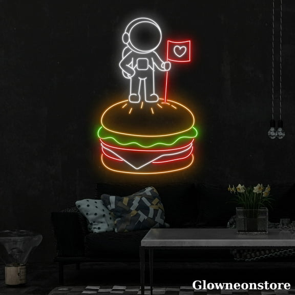 Glowneon Astronaut On The Hamburger Neon Sign, Hamburger LED Sign, Restaurant Fast Food Décor