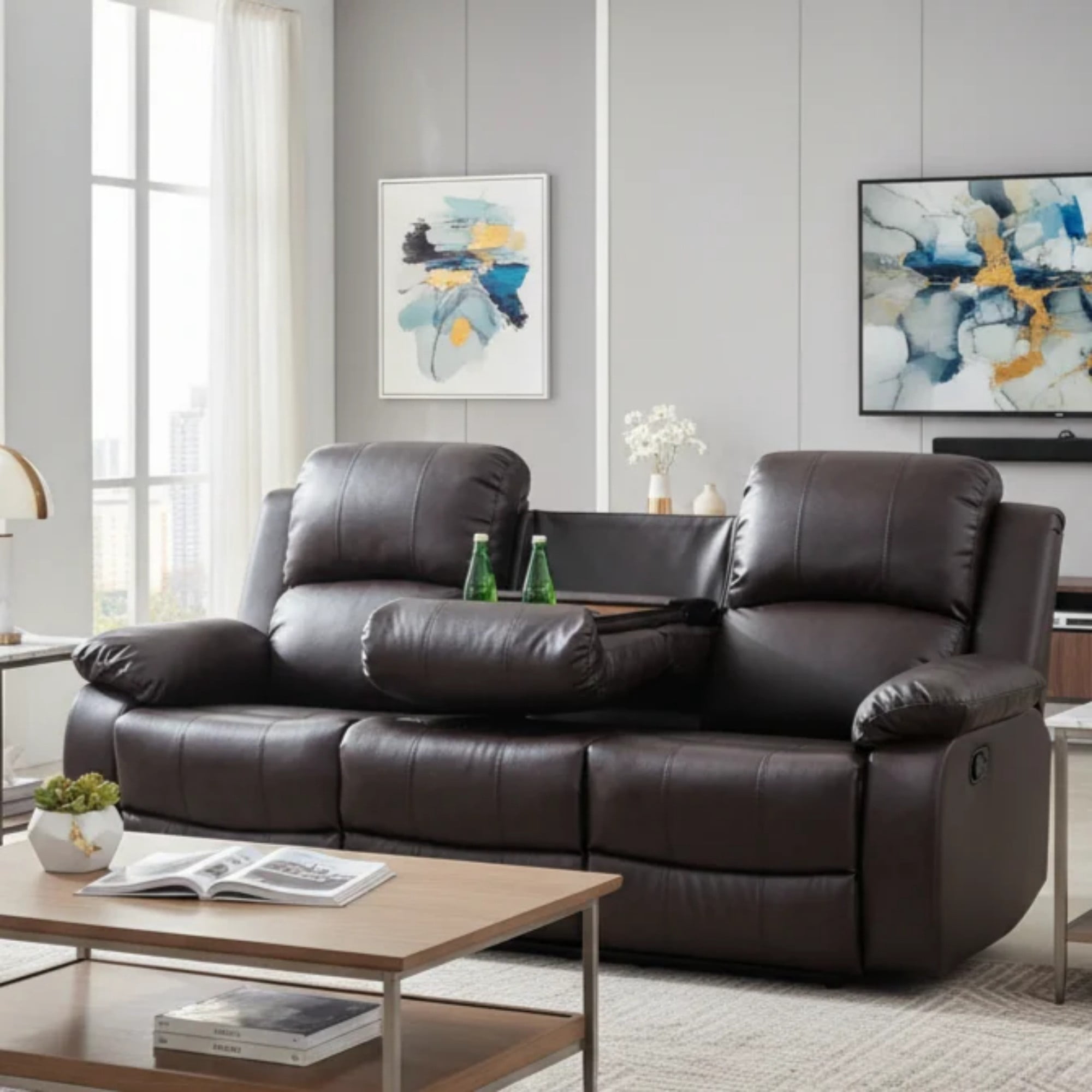 Gewnee Brown 3-Seater Reclining Sofa - Air Leather, High-Elastic Sponge, Console & Cup Holders for Living Rooms