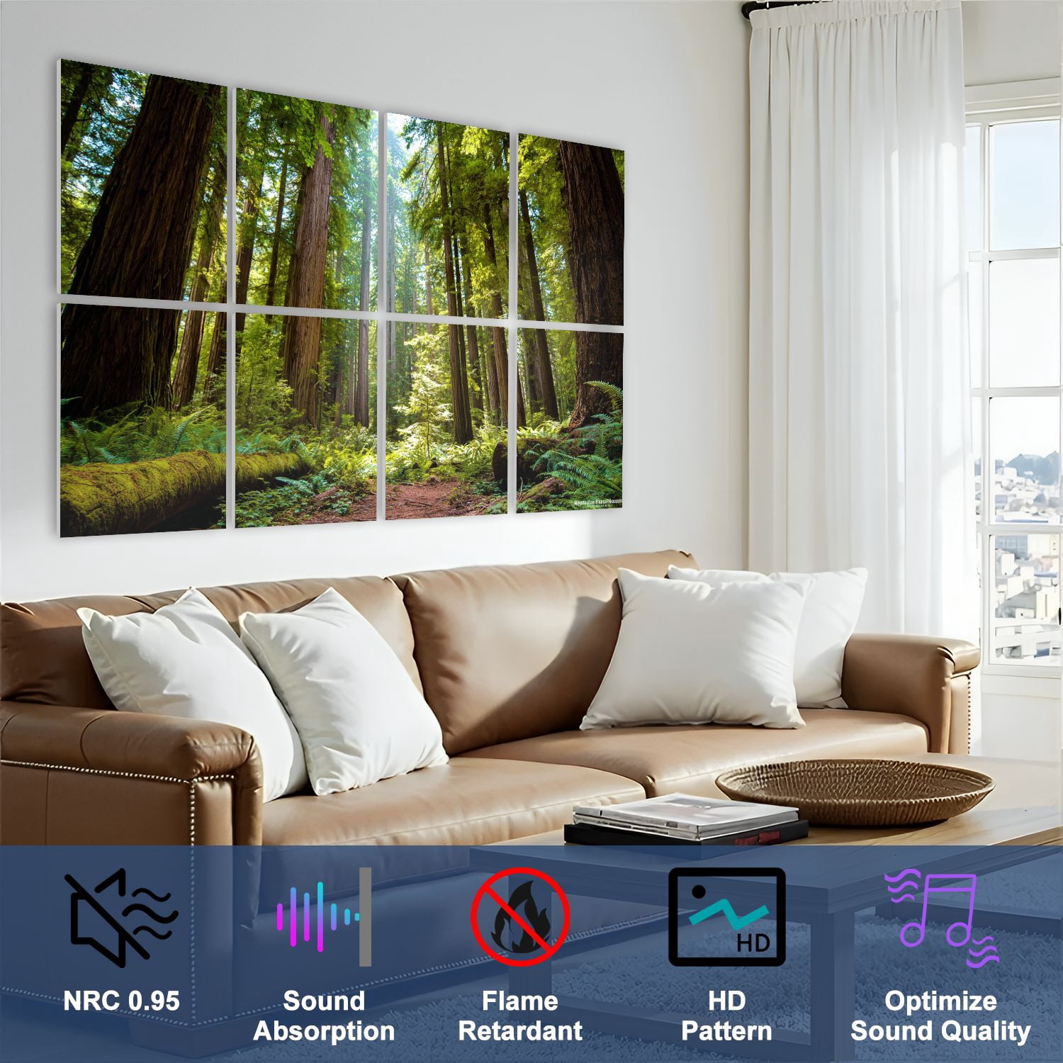 Forest 8 Pack Art Acoustic Panels Sound Absorbing redwood national park sequoias Decorative Soundproof Wall Panels Self Adhesive for Nursery Game Room Bedroom 48"x32"