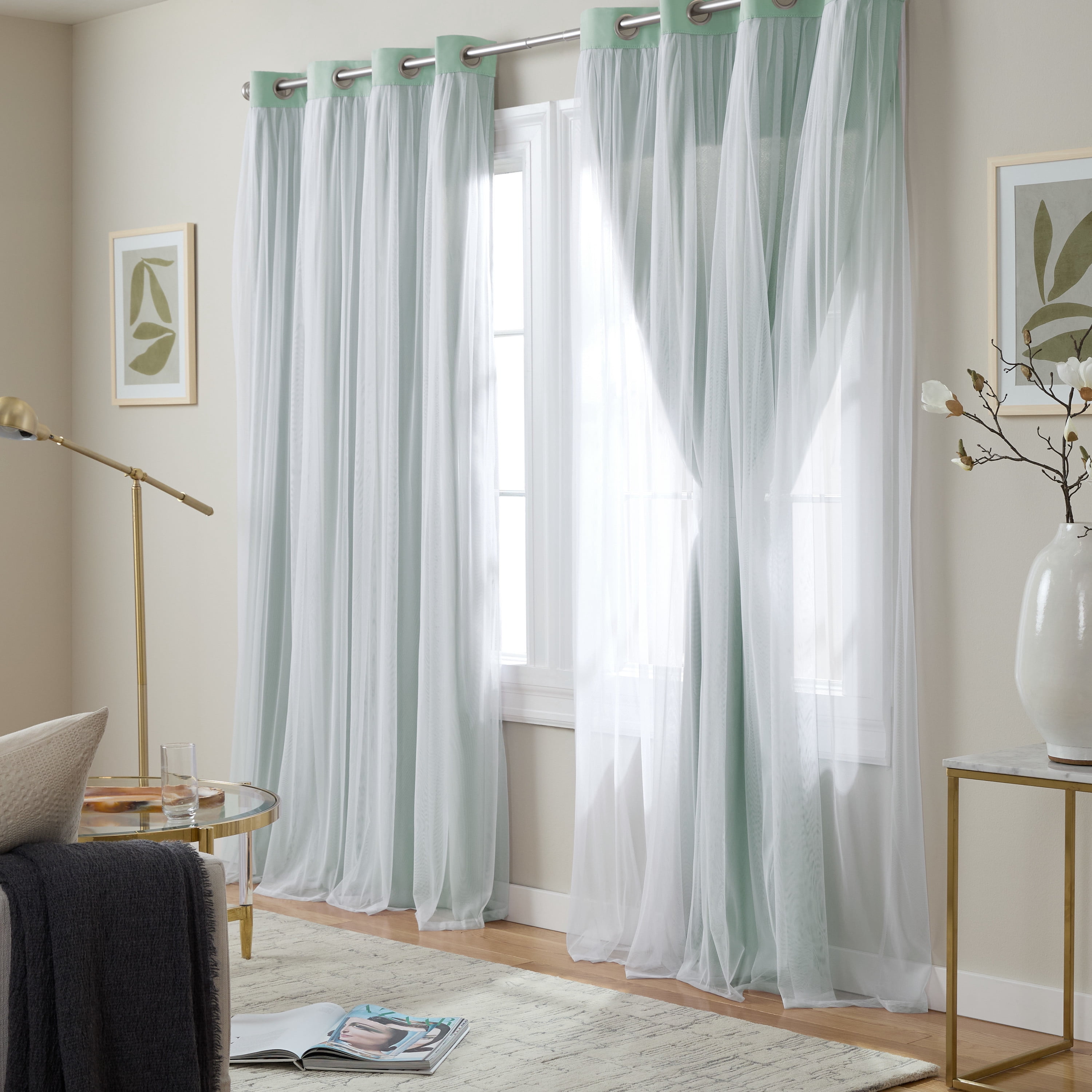 TOWN & COUNTRY LUXE Talia Double Layer Indoor Curtains, Sheer and Room Darkening Blackout, Grommet Top, Energy Efficient, 2-Pack Set, 52"x84", Aqua