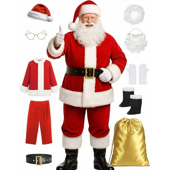 11Pcs Men's Santa Claus Outfit Christmas Velvet Adult Deluxe Santa Suit Christmas Gifts