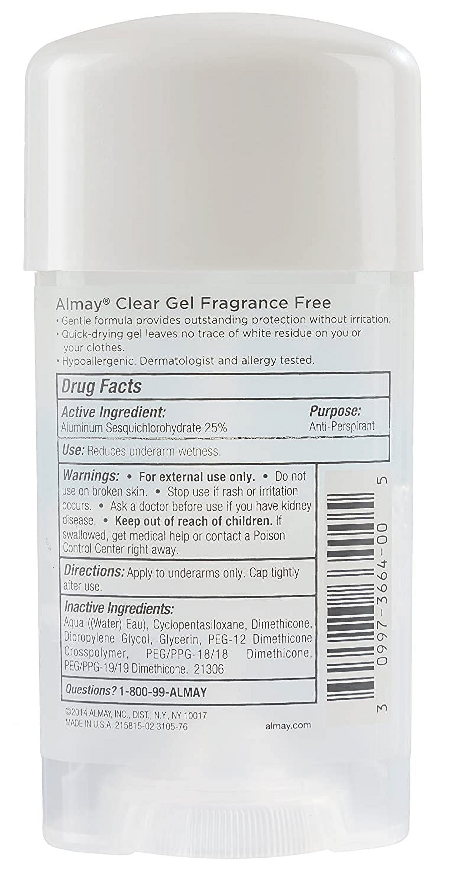 Almay Sensitive Skin Clear Gel Antiperspirant Deodorant, Fragrance Free, 2.25 oz, Pack of 6