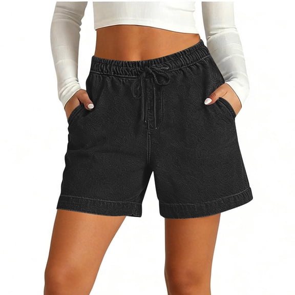 Nestiefly Jean Shorts Womens 2026 Summer Casual Lightweight High Waisted Comfy Stretchy Pull on Trendy Drawstring Denim Shorts Black L