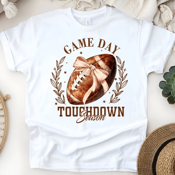 Game Day Touchdown Season T-Shirt | Brown Football Bow Fall Tee, White, Size S