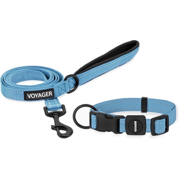 Voyager Reflective Leash Collar Set with Neoprene Handle, 5ft Long, Supports Small, Medium, and Large Breed Puppies, Cute and Heavy Duty for Walking, Running, and Training - Baby Blue, L