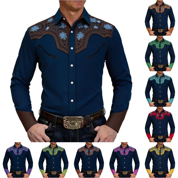 XIAOCHA Men's Contrast Floral Western Button-Down Shirt Long Sleeve Tailored Tops Bavarian Pub Shirts