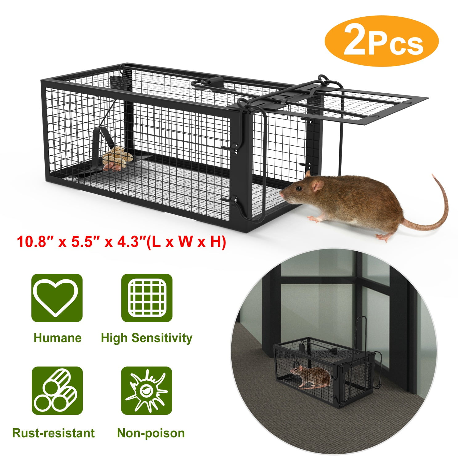 2 Pack Humane Live Rodent Traps, Galvanized Iron Cage for Mice and Rats, Easy to Use with Detachable U-Shaped Rod