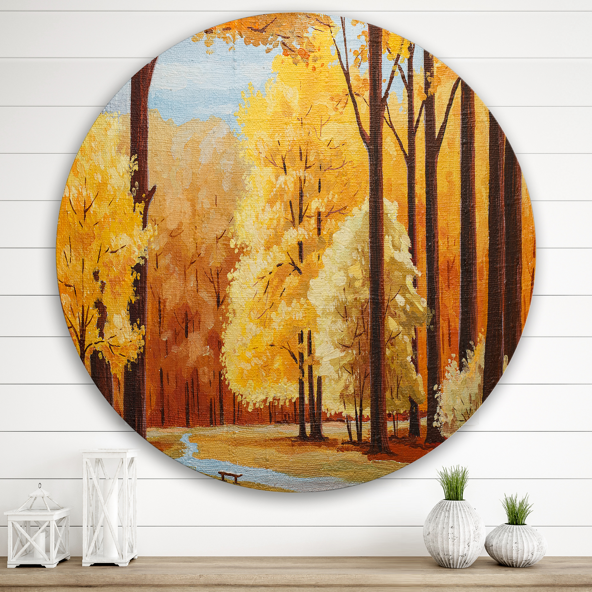 Designart 'Orange Autumn Trees At Sunrise' Farmhouse Circle Metal Wall Art 36x36 - Disc of 36