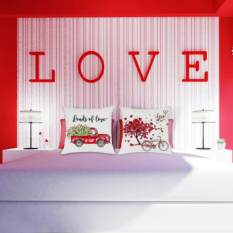 Valentines Day Pillow Covers 18x18 inch Set of 4 for Home Decor Truck Flower Red Heart and Love Bicycle Decor Valentines Day Throw Pillows Decorative