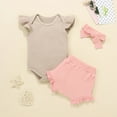 thumbnail image 2 of Fesfesfes Newborn Baby Bodysuit Boys Girls Fly Sleeve Solid Romper Shorts Headbands Outfits Set, 2 of 9