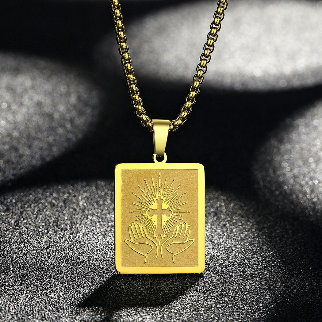 Religious Pendant Hands and Cross Sign Necklace Square Cross Pendant
