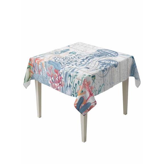 Coastal Jellyfish Table Cloth, Waterproof Tablecloth for Square Tables, Beach Nautical Ocean Coral Seahorse Vintage Reusable Washable Fabric Table Cover for Restaurant Kitchen Dining Tables 60"x60"