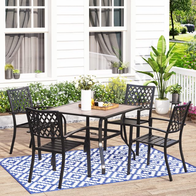 MFSTUDIO 5 Piece Patio Dining Table Set, 4 Metal Stackable Chairs and 37" Square Outdoor Dining Table with Umbrella Hole