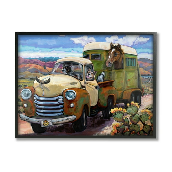 Stupell Industries Dogs Driving Vintage Rustic Truck with Horse Trolley, 30 x 24, Design by CR Townsend