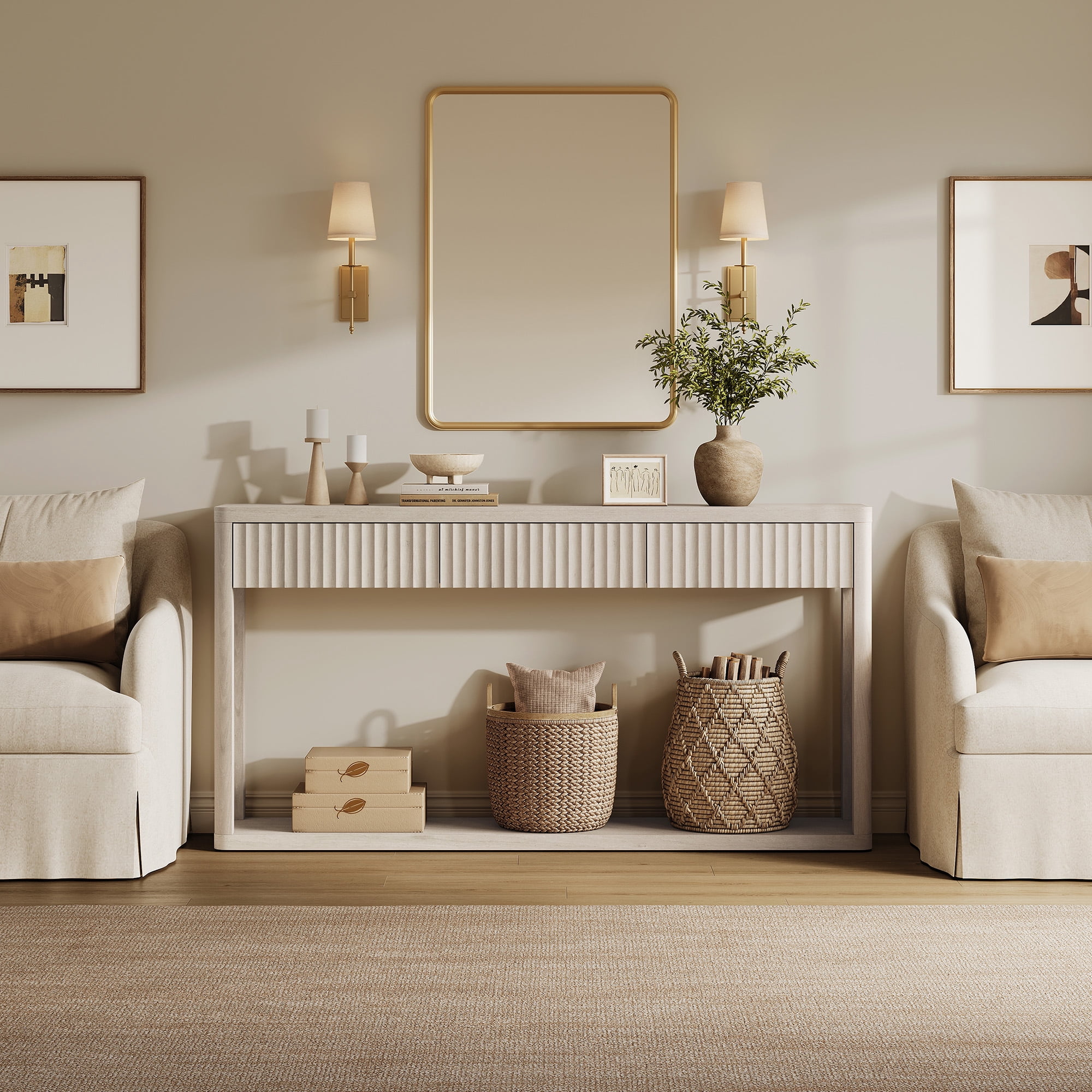 SICOTAS 61 inch Long Console Table Set of 2 with 3 Large Drawers, Modern Fluted Sofa Table Behind Couch with Open Storage Shelf, Entryway Table for Living Room, Hallway, Foyer, Light Grey Alder