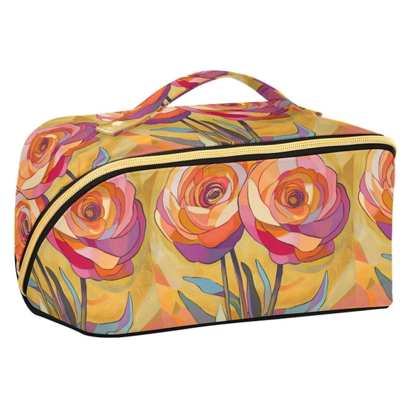FORMRS Makeup Bag Travel Cosmetic Organizer for Women Fold Flat Zipper Pouch with Handle, Purple Abstract Floral