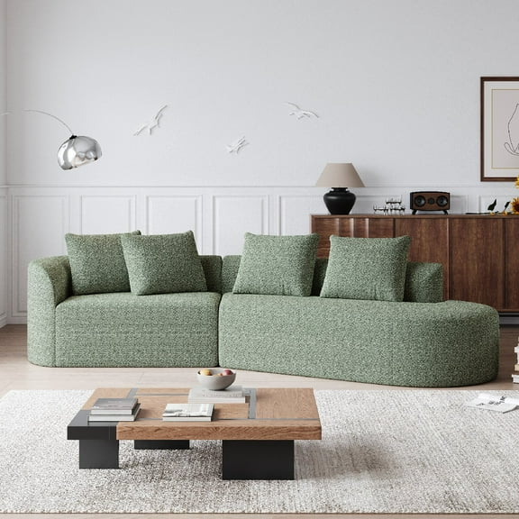 112" Modern Upholstered Oversized Sectional Sofa, Chenille 4-Seater Extra Deep and Wide Seat Curved Cloud Couch with 4 Throw Pillows, Free Combination Sofa Couch for Living Room, Apartment, Green