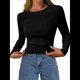 thumbnail image 2 of Tops de Larga Acanalados para Mujer, Camiseta Corta Ajustada y Elástica con Costuras Expuestas, Camiseta de Moda para y Otoño. Negro S, 2 of 10