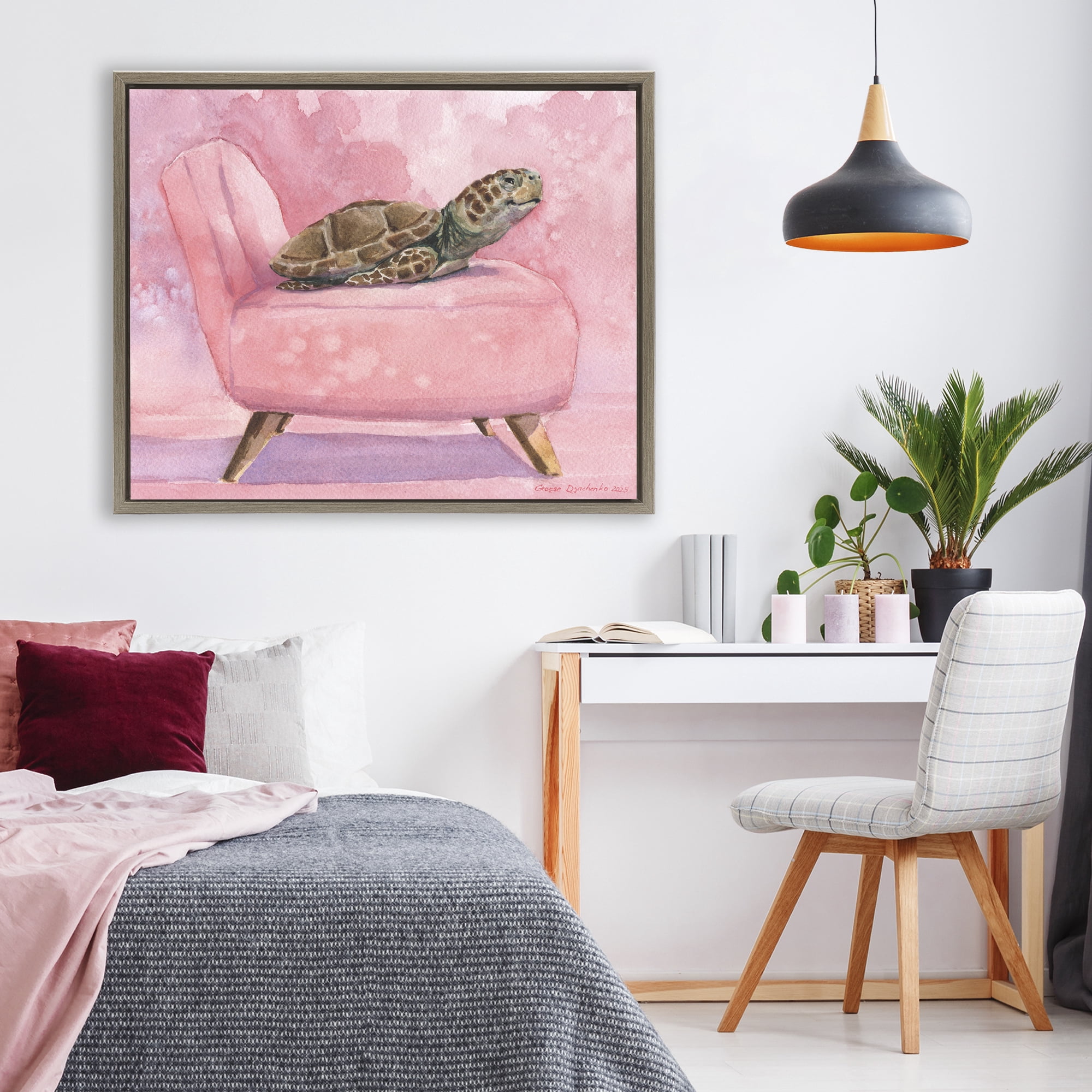Stupell Industries Happy Turtle on Pink Chair Brown Framed Floater Canvas Wall Art, design by George Dyachenko