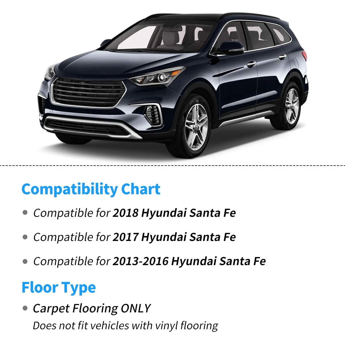 RVNI TPE Rubber Front and Rear 3 Pieces for 2013 2014 2015 2016 2017 2018 Hyundai Santa Fe Floor Mats Set, All-Weather Protection