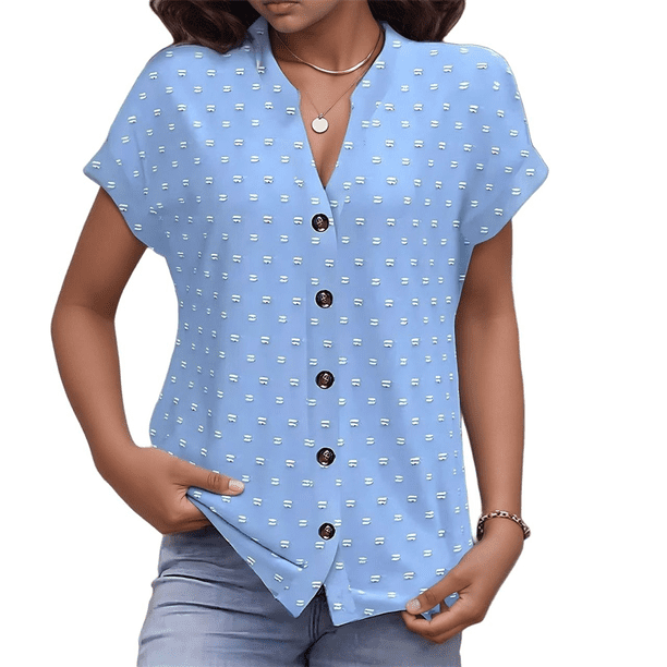 Blusa de Verano 2025 para Mujer, con Cuello en V, Volantes, Corta, Lunares, Holgada, Tipo Túnica Azul XXL
