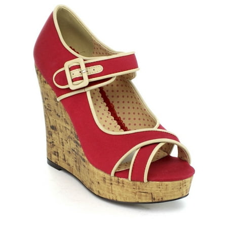 Bettie Page - Ellie Shoes E-BP445-Elise 4 inch buckle wedge Red / 8 ...