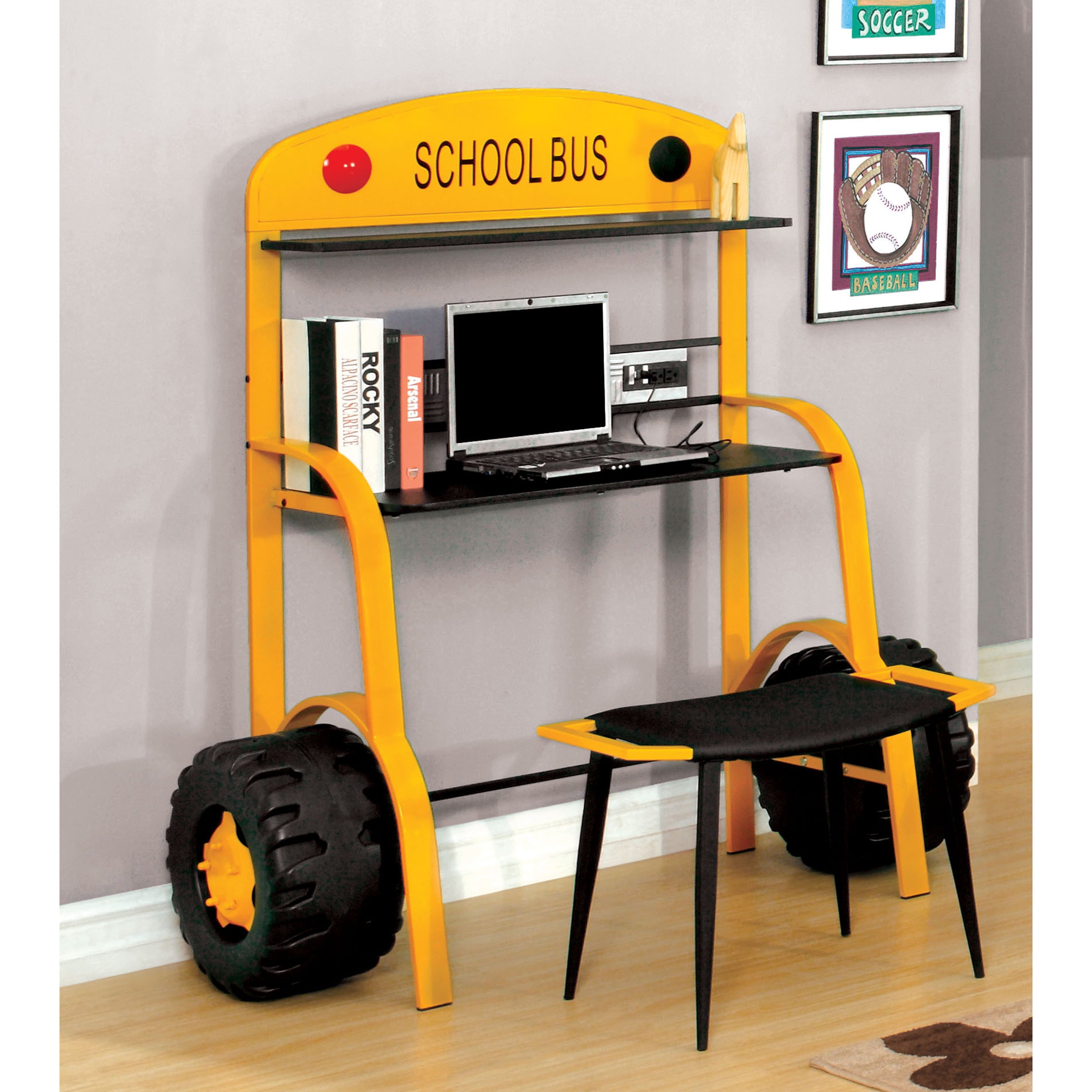 Furniture of America Billy Novelty School Bus Desk and Stool Set, Yellow